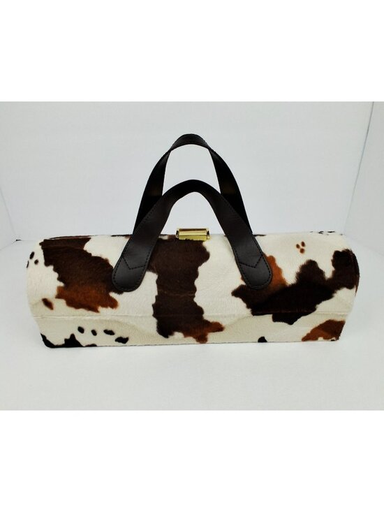 Unbranded Handbags - Cowhide Brown White Cylinder Wine Bottle Carrier/Handbag w/ Gold Hardware